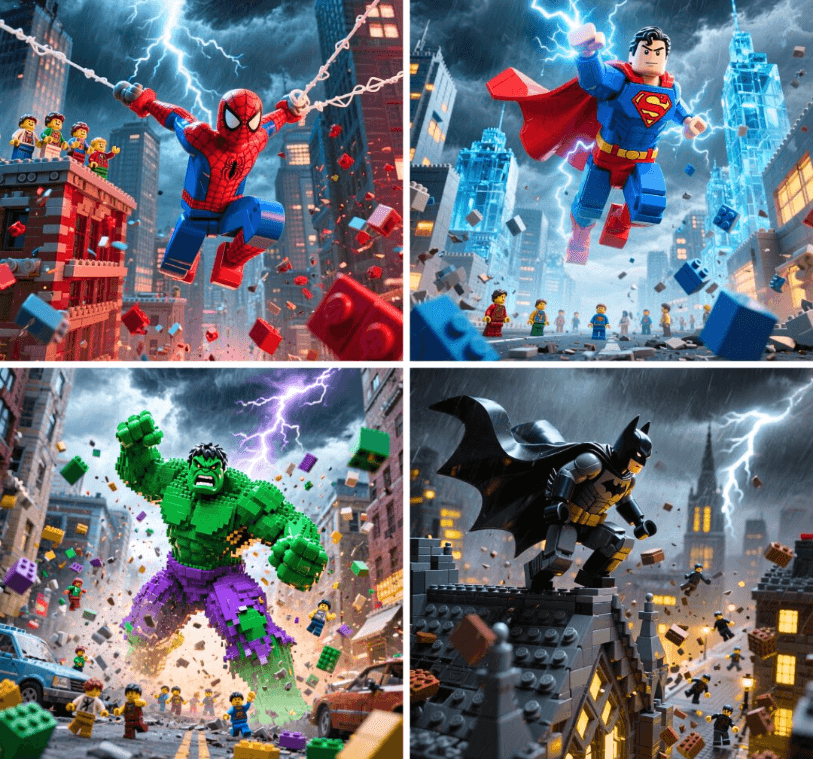 Lego superheroes strike dynamic action poses -樂高超級英雄擺出充滿動感的動作姿勢